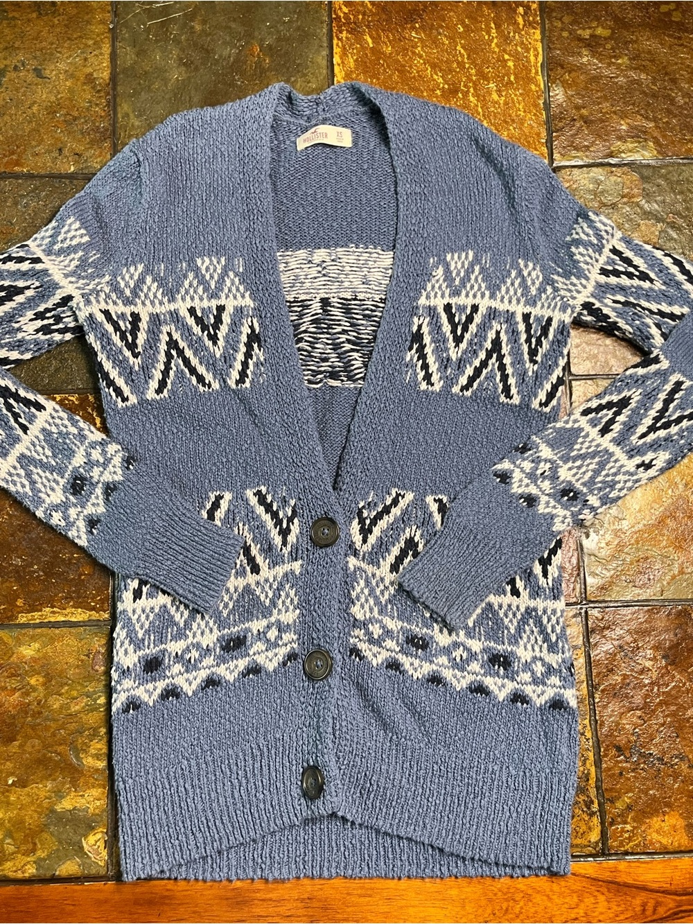 Hollister Blue, White & Navy Geometric Knit Cardigan XS